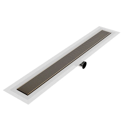 Wedgewire Delmar Series Linear Drain in Gold finish – stainless-steel channel drain with standard length and side outlet, featuring a corrosion-resistant wedge-wire grate for high-flow performance and seamless integration in upscale shower floors.