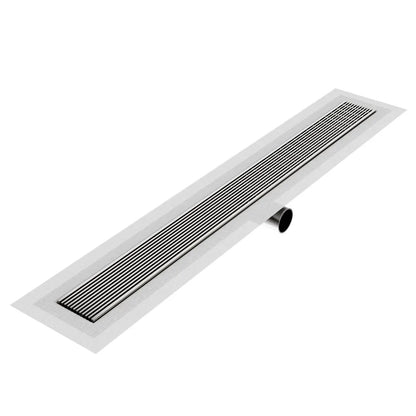 Delmar Series Linear Drain Wedgewire in Polished finish – adjustable-length stainless-steel channel drain with side outlet and corrosion-resistant wedge-wire grate, designed for seamless installation and high-flow performance in residential or commercial showers.