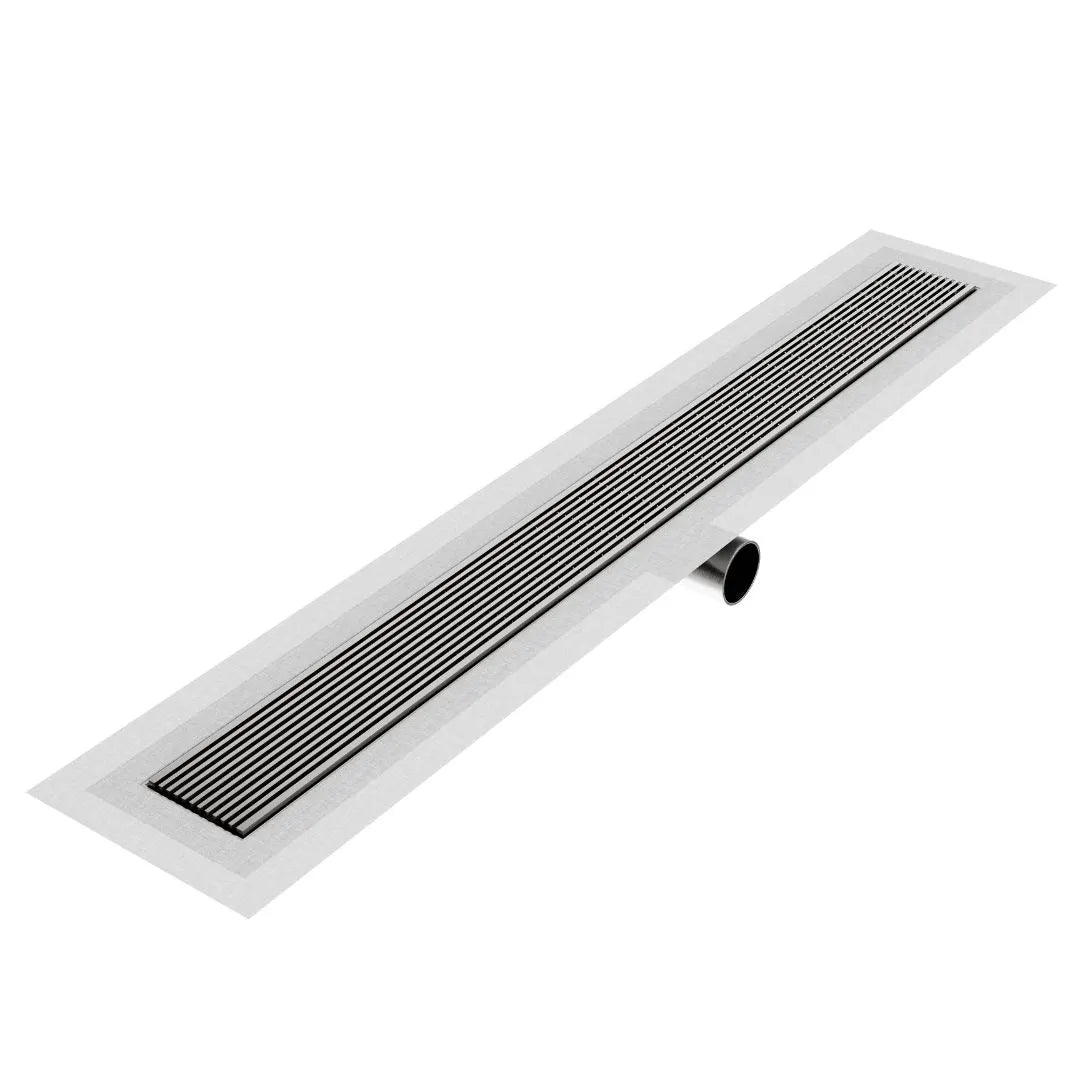 Wedgewire Delmar Series Linear Drain in Satin finish – stainless-steel channel drain with standard length and side outlet, featuring a corrosion-resistant wedge-wire grate for high-flow performance and seamless integration in modern shower floors.