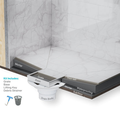 QM Drain Delmar Series Lotus Line Square Drain in Satin finish, featuring a sleek stainless-steel channel with an elegant floral-pattern grate. This image highlights the drain's seamless integration, efficient water drainage, and modern, luxurious aesthetic for high-end shower and bathroom installations.