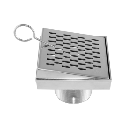 QM Drain Delmar Delta Square Drain, featuring a stainless-steel square-pattern grate. This drain provides efficient water drainage and seamless tile integration, offering a modern and sleek design perfect for luxury shower and bathroom floor installations.