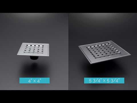 Instructional video titled "All You Need to Know About the Bay Series" by QM Drain. Covers product features, installation steps, and benefits of the Bay drain collection.