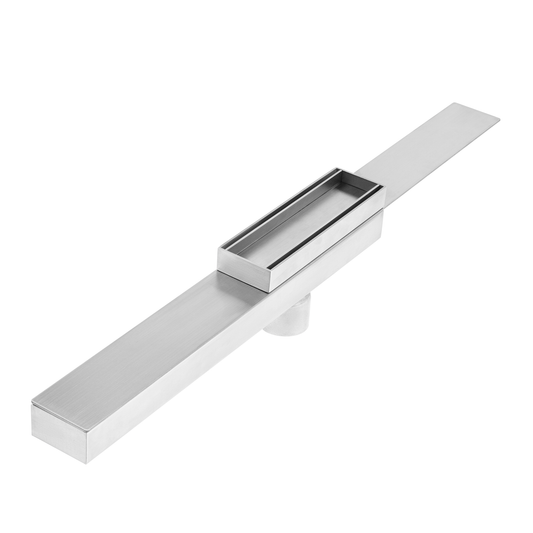 Modern shower floor showcasing the QM Drain Supreme Tile-In 2-in-1 Drain in Satin finish—stainless-steel channel with integrated tile-in grate and secondary trap design, delivering seamless aesthetic, secure waterproofing, and efficient dual-function water drainage in luxury bathrooms.